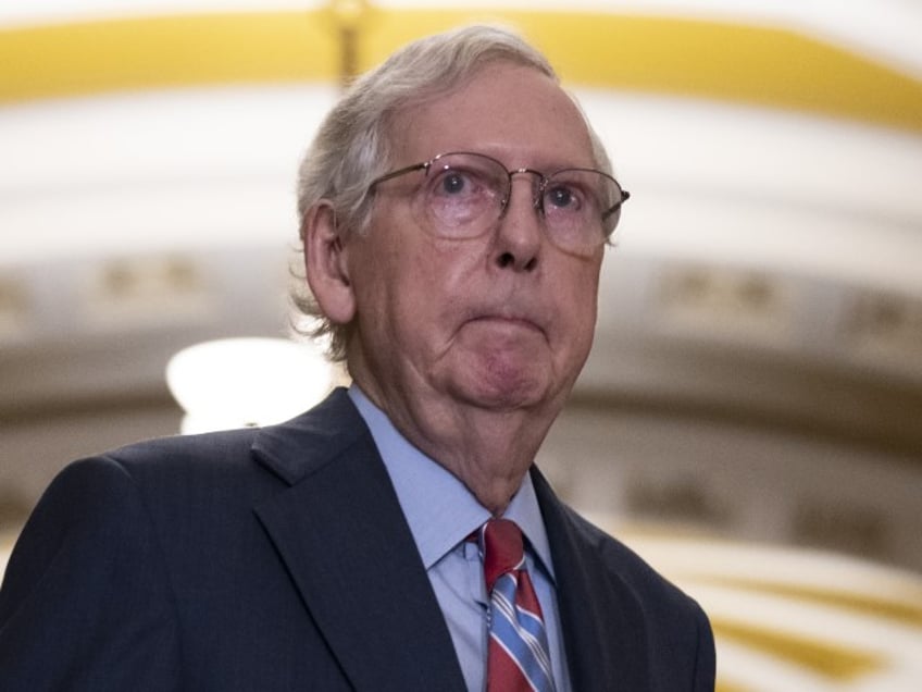 Senate Minority Leader Mitch McConnell (R-KY) arrives to a news conference after a lunch meeting with Senate Republicans U.S. Capitol 26, 2023 in Washington, DC. McConnell froze and stopped talking at the microphones and was escorted back to his office. He later returned to the news conference and answered questions. (Photo by Drew Angerer/Getty Images)