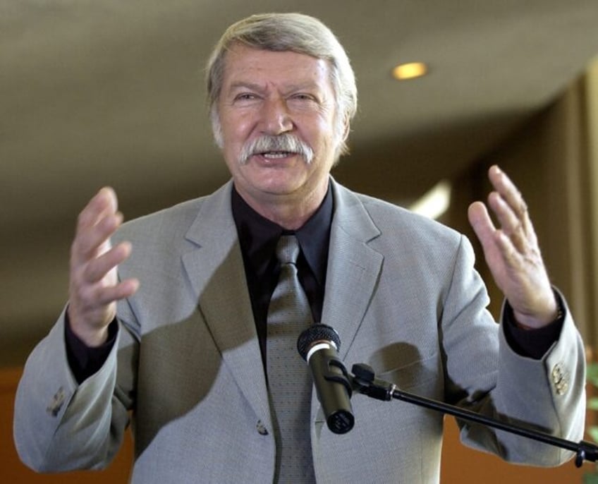 Bela Karolyi, who died on Friday, pictured addressing a press conference 23 February 2005