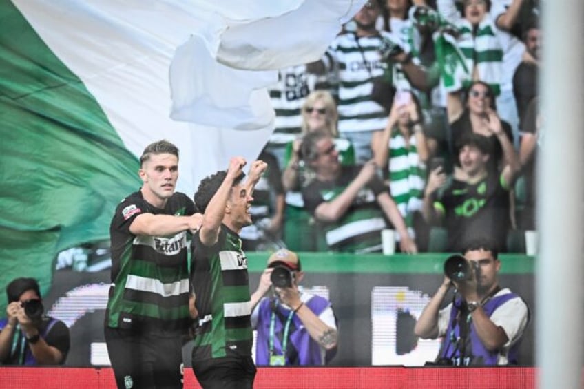 Sporting Lisbon forward Pedro Goncalves celebrates with Viktor Gyokeres after scoring the