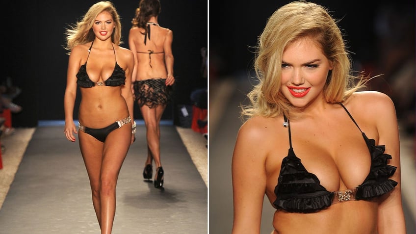 Side by side of Kate Upton in black bikini