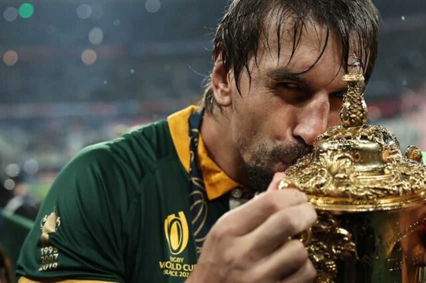 Springbok lock Eben Etzebeth kisses the Webb Ellis Cup after South Africa won the 2023 Rug