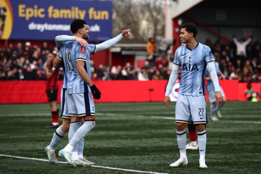 Tottenham celebrate their first goal against Tamworth in the FA Cup