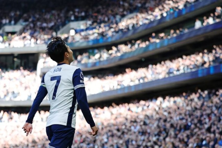 Tottenham's Son Heung-min celebrates after scoring his team's fourth goal against West Ham