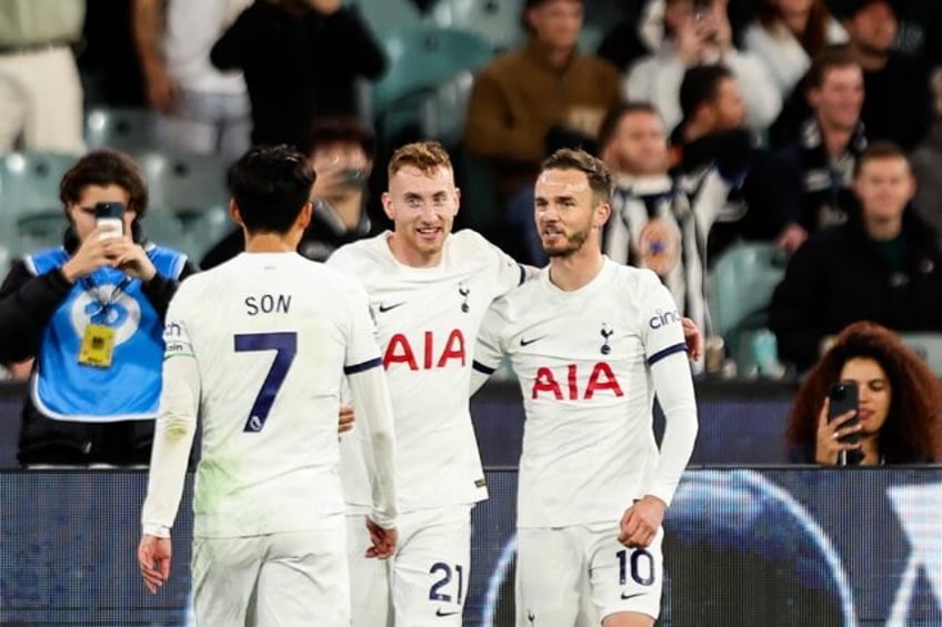 Tottenham Hotspur's James Maddison (R) got on the scoresheet against Newcastle