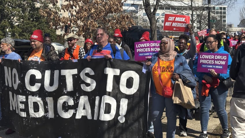 Protesters against the Trump administration outside the U.S. Capitol on March 12, 2025.