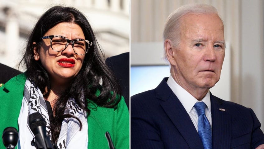 Rashida Tlaib, D-Mich., left and President Biden, right