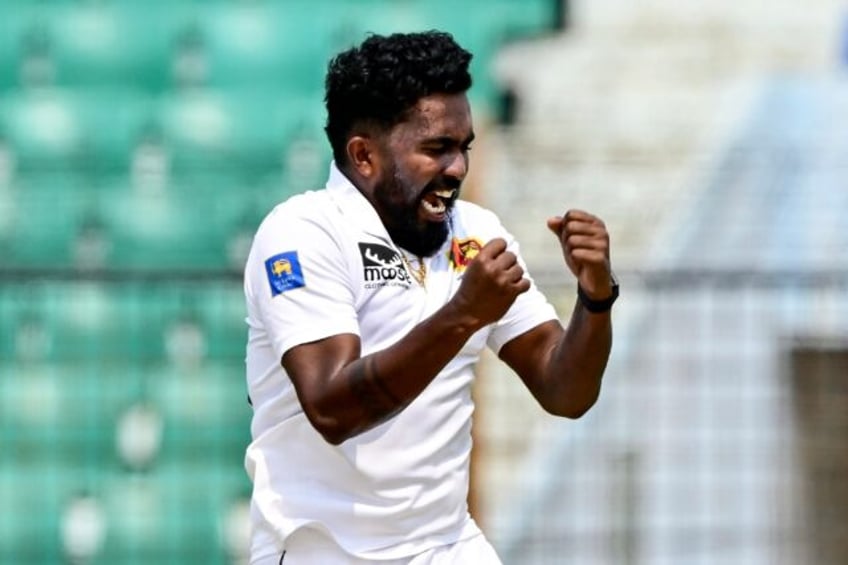 Sri Lanka’s Asitha Fernando celebrates after the dismissal of the Bangladesh’s Shakib