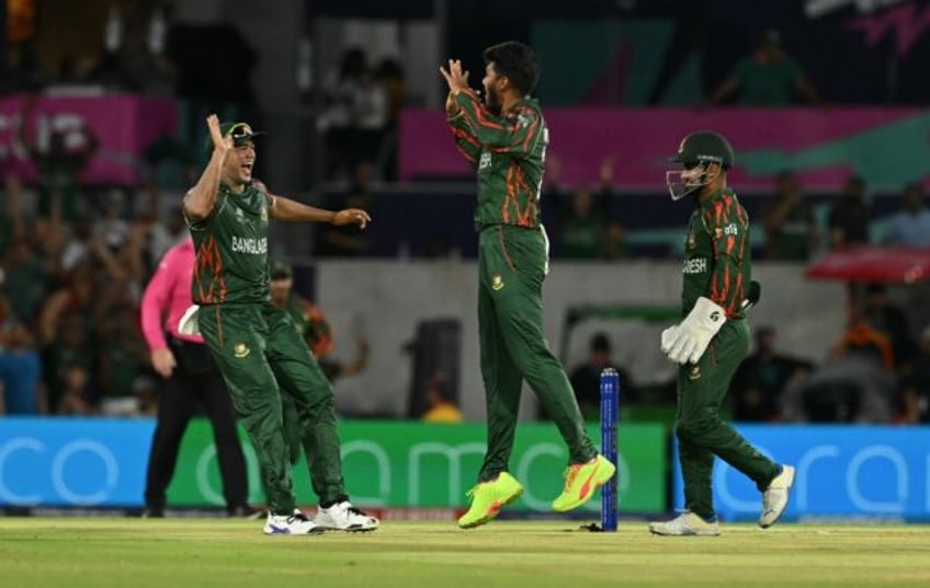 Bangladesh's Rishad Hossain celebrates after the dismissal of Sri Lanka's captain Wanindu