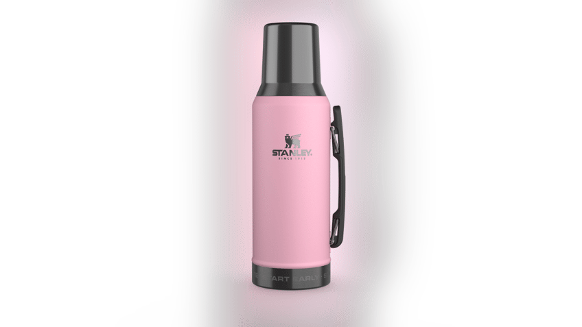 A thermos-like water bottle with a button lid for easy drinking. 