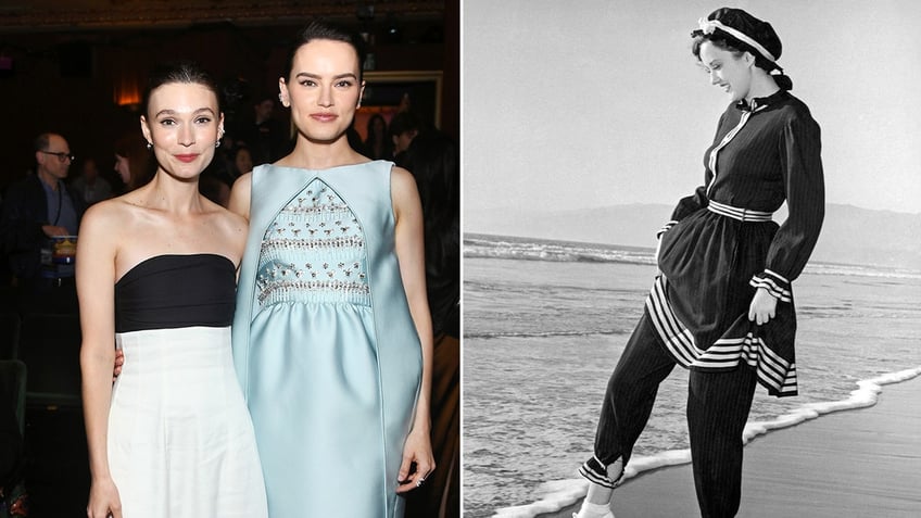 Tilda Cobham-Hervey and Daisy Ridley side by side a photo of a woman in vintage swimwear