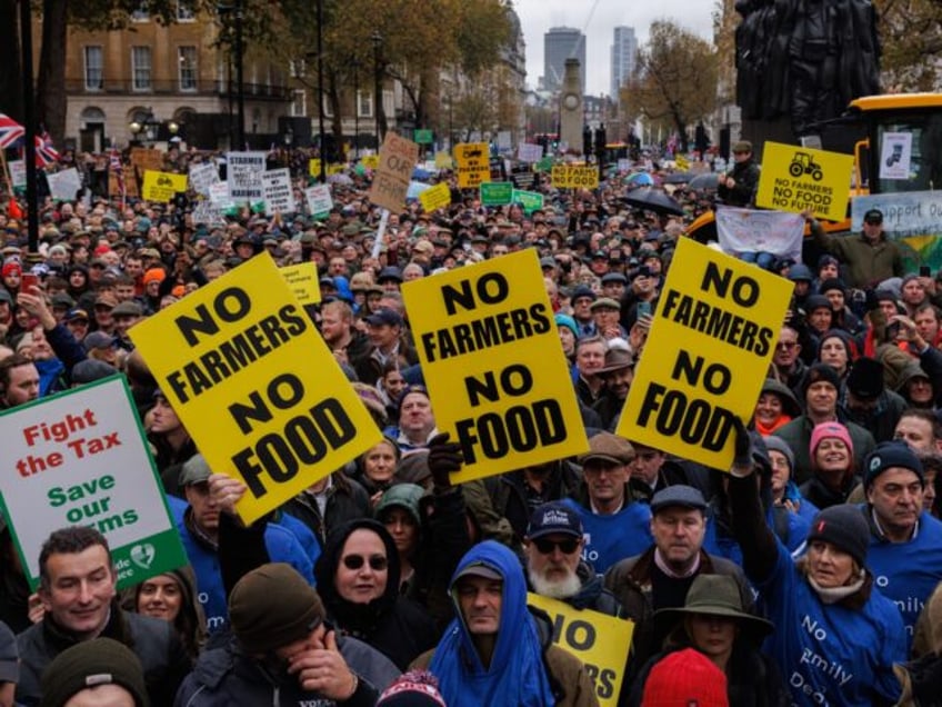 LONDON, ENGLAND - NOVEMBER 19: Farmers gather during a demonstration on Whitehall on Novem