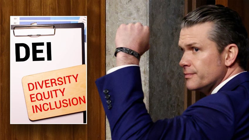 DEI illustration, left; Pete Hegseth right in photo split