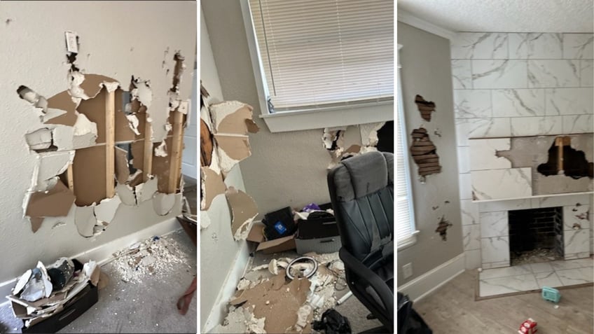 Images of a home destroyed by squatters including walls smashed.