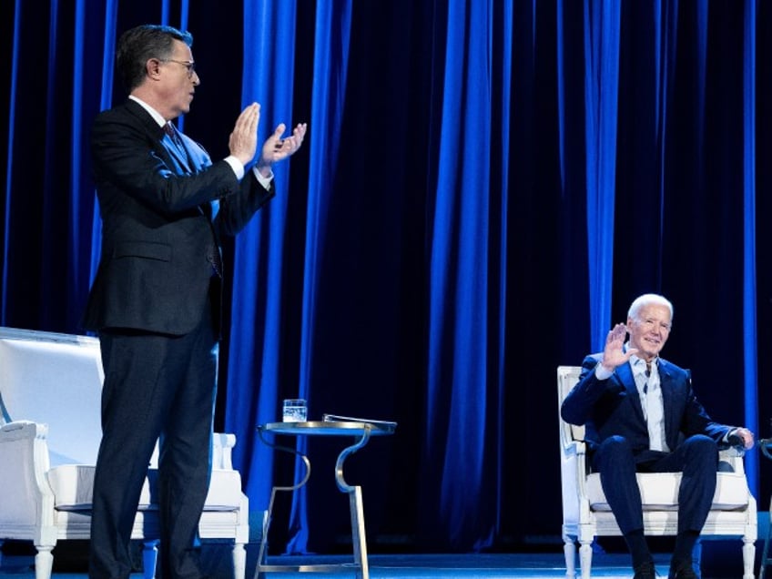 (L-R) US talk show host Stephen Colbert, US President Joe Biden, former US President Barack Obama, and former US President Bill Clinton attend a campaign fundraising event at Radio City Music Hall in New York City on March 28, 2024. (Photo by Brendan Smialowski / AFP) (Photo by BRENDAN SMIALOWSKI/AFP via Getty Images)