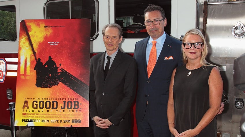 Steve Buscemi, commissioner of the New York City Fire Department Daniel A. Nigro and producer Wren Arthur posing together