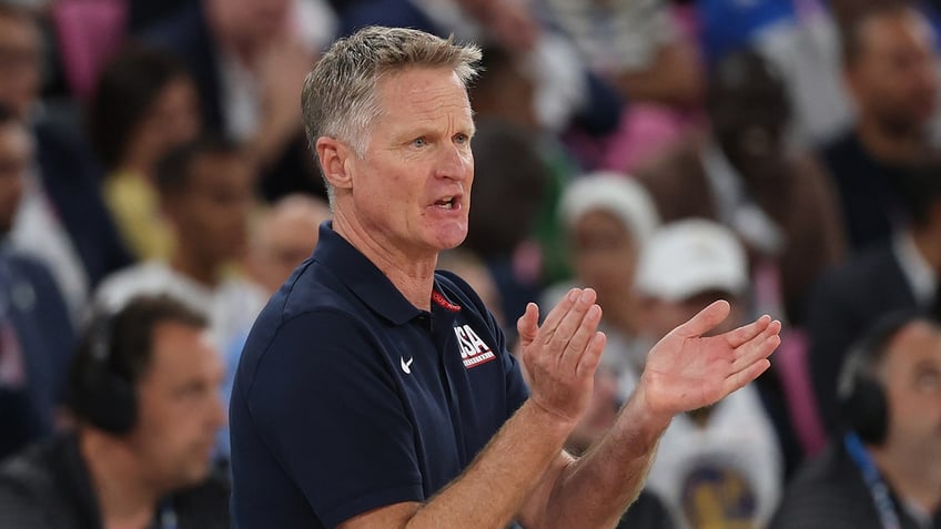 Team United States head coach Steve Kerr reacts during the Men's Gold Medal game between Team France and Team United States on Day 15 of the Olympic Games Paris 2024 at Bercy Arena on Aug. 10, 2024 in Paris.