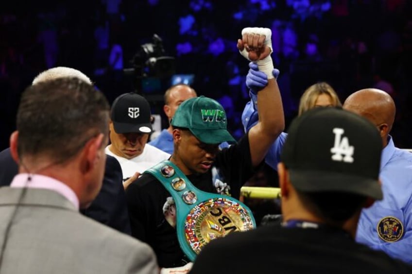 American Shakur Stevenson reacts after beating Artem Harutyunyan to retain his WBC lightwe