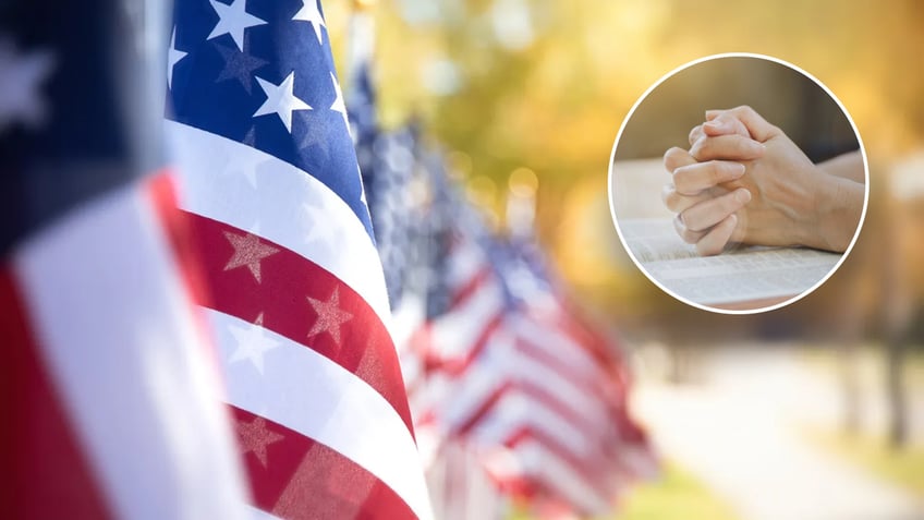 American flag and praying hands
