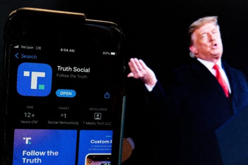 Donald Trump next to a phone screen displaying the Truth Social app