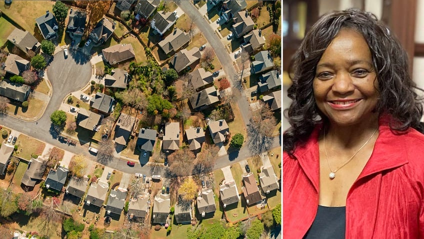 Aerial photo of Georgia neighborhood, next to headshot of state Sen. Donzella James