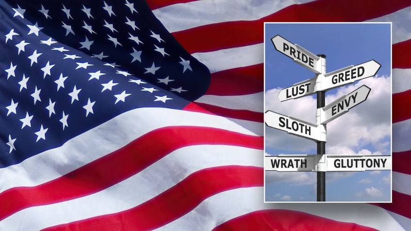 Split image of US flag, sins on signs