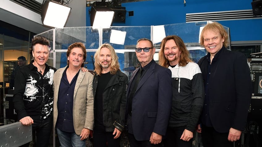 Todd Sucherman, Lawrence Gowan, Tommy Shaw, Chuck Panozzo, James "J.Y." Young and Ricky Phillips of rock band styx