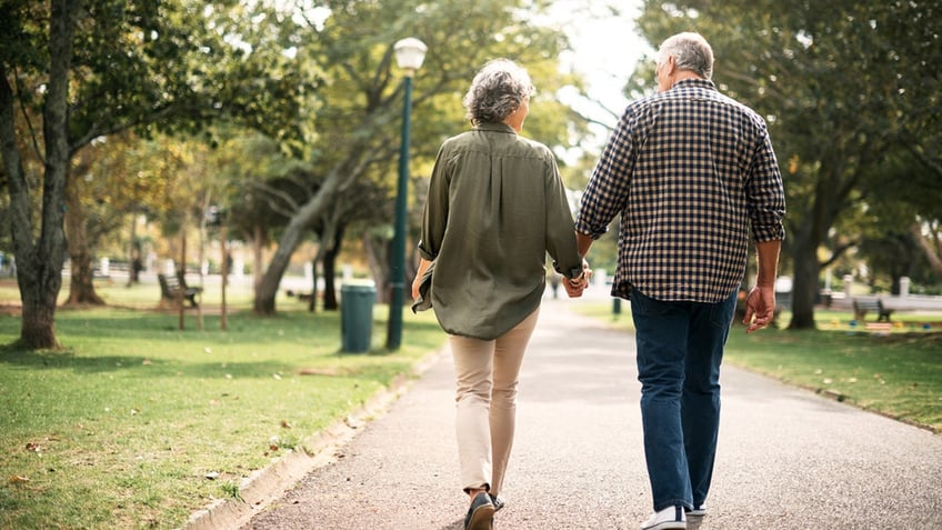 Rearview shot of a senior couple going for a walk in the park