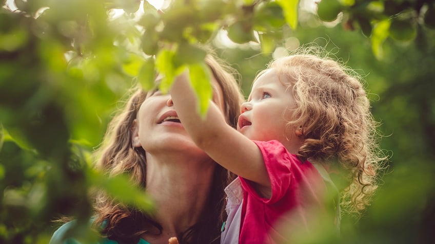 Mother and daughter in a park touching leaves