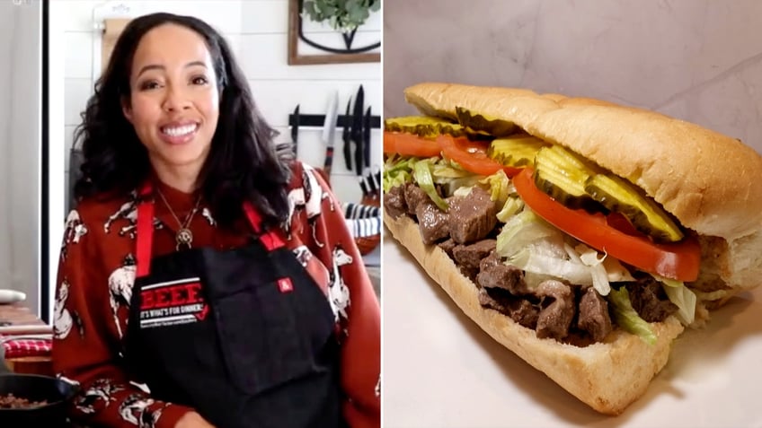 Split image of Erica Roby and a bbq beef po' boy.