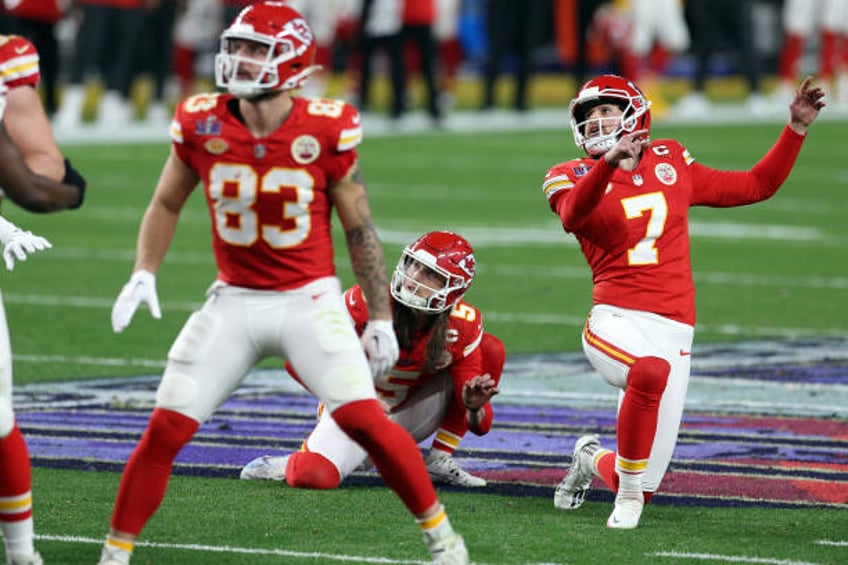 Harrison Butker of the Kansas City Chiefs kicks a 28 yard field goal during the second quarter against the San Francisco 49ers during Super Bowl...