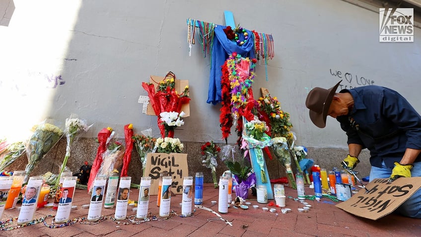 A memorial for those killed in the New Year’s Eve attack is left on Bourbon Street following the street’s reopening in New Orleans