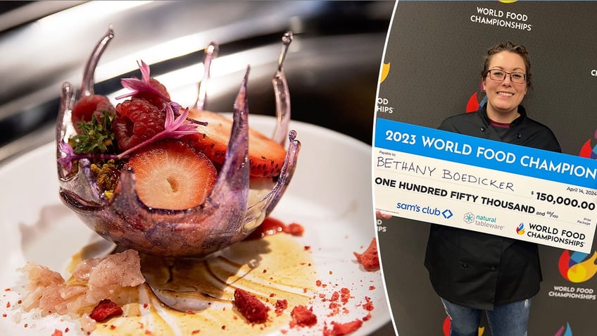 Bethany Boedicker's winning dessert is shown, left. The Galveston, Texas, woman holds a $150,000 ceremonial check after winning the 2023 World Food Championships.