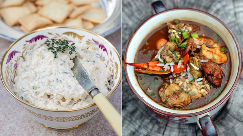 New Orleans chef Donald Link's creamy onion dip, left, and Super Bowl Sunday seafood gumbo.