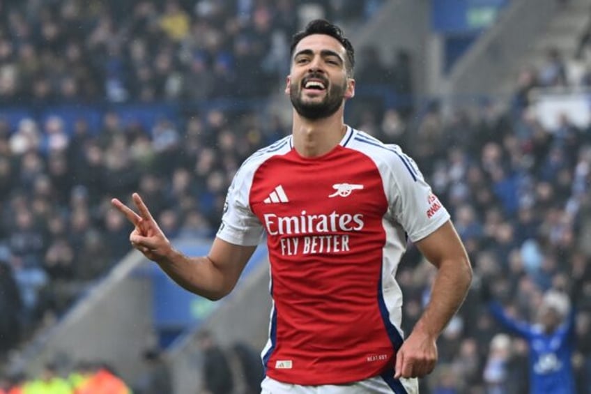 Arsenal's Mikel Merino celebrates after scoring against Leicester