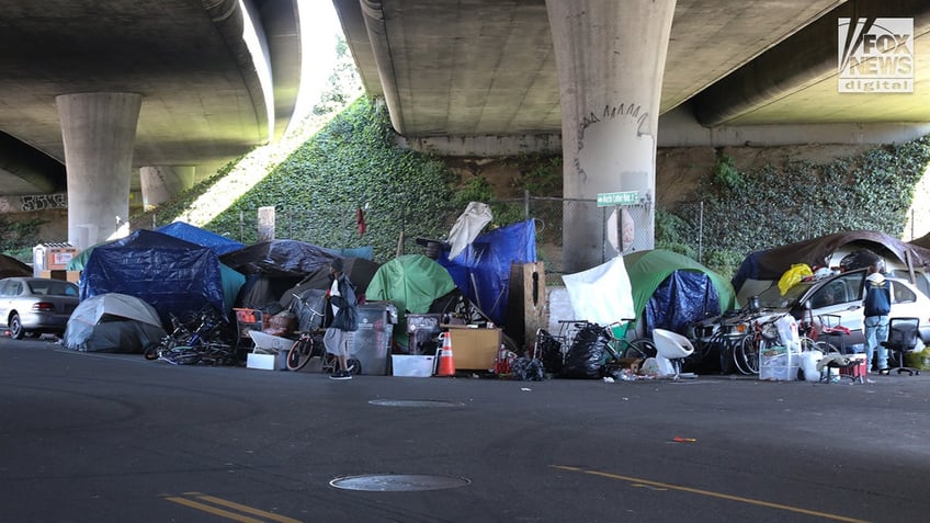 Homeless encampments line the streets in Oakland, California