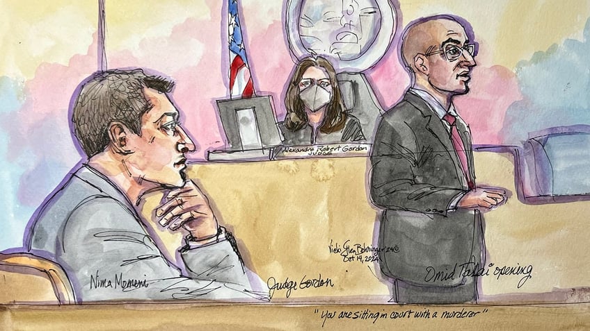 A court sketch depicts Nima Momeni’s appearance in court as attorneys deliver opening statements during his trial