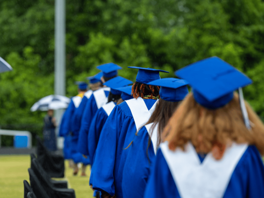 LOUISVILLE, KY - MAY 28: Former students of Jefferson County Public Schools, dressed in cap and gown, line up to approach the stage during a makeup graduation ceremony at Eastern High School on May 28, 2021 in Louisville, Kentucky. The makeup ceremony was held to celebrate the students whose graduations …