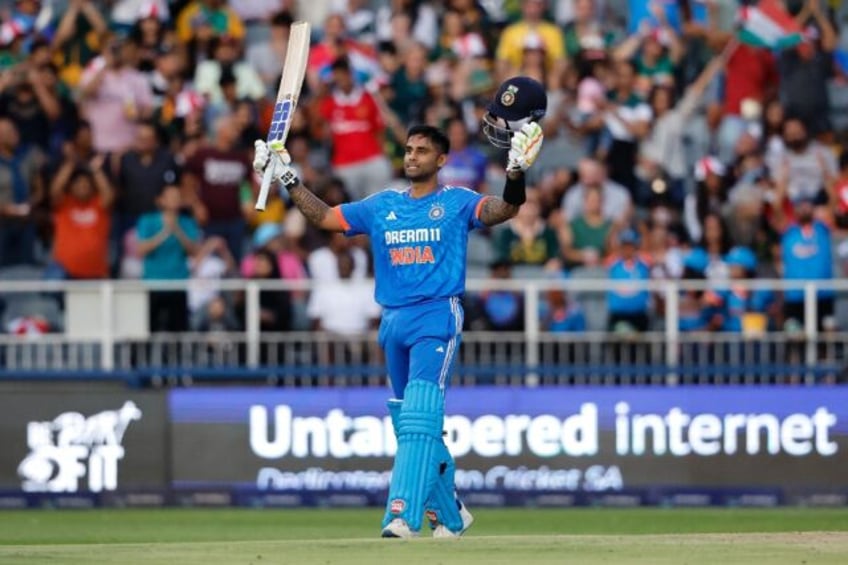 India's Suryakumar Yadav celebrates after scoring his century