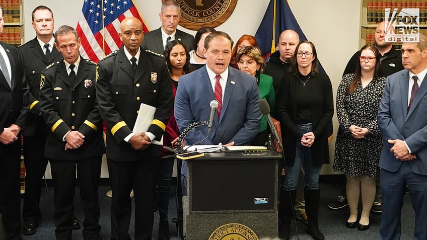 Suffolk County District Attorney Raymond A. Tierney speaks to the media during a press conference