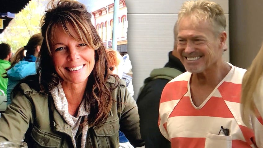 Suzanne Morphew in a green jacket smiling and Barry Morphew walks into court split image