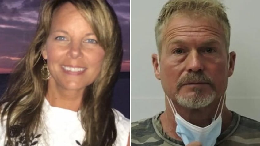 A side-by-side of Suzanne Morphew in a white top and Barry Morphew posing for mugshot photo