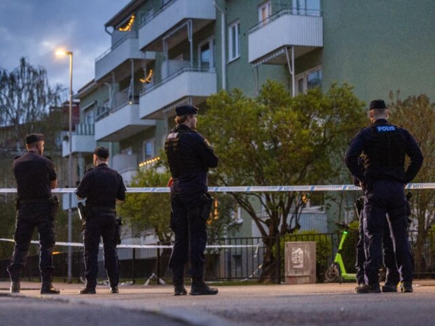 UPPSALA, SWEDEN - APRIL 29: Police investigate the scene of a shooting on April 29, 2025 i