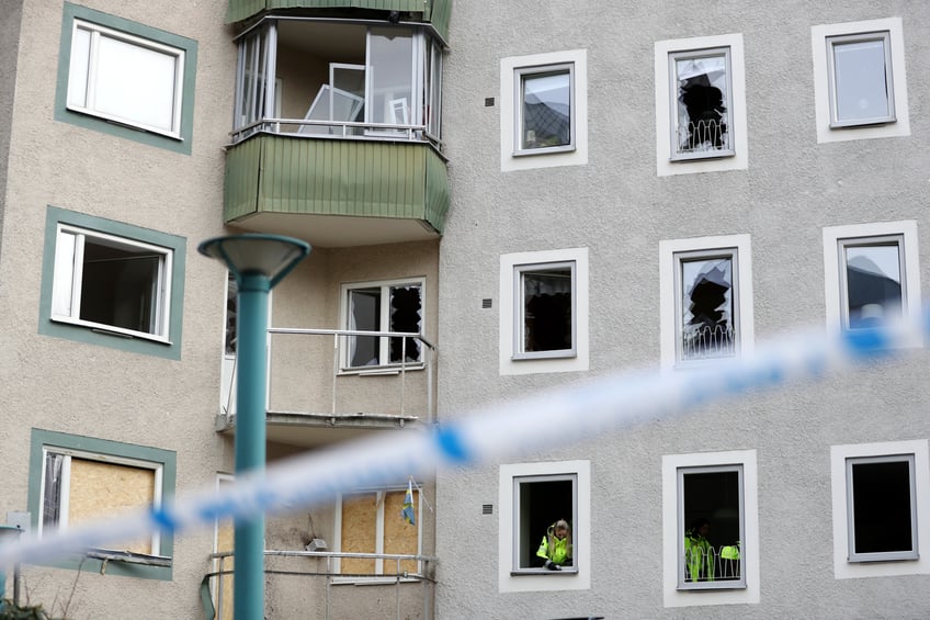 STOCKHOLM, SWEDEN - FEBRUARY 02: General view damaged caused to a block of flats after a gang-related bomb exploded early in the morning on February 02, 2024 in Sundbyberg, Sweden. Sweden has recently been in the grip of a bloody conflict between gangs fighting over arms and drug trafficking. (Photo by Linnea Rheborg/Getty Images)