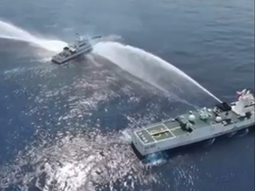 In this image made from video provided by the Philippine Coast Guard, Philippine Coast Guard vessel, BRP BAGACAY (MRRV-4410) is water cannoned by Chinese Coast Guards as it tried to approach the waters near Scarborough Shoal, locally known as Bajo De Masinloc, at the South China Sea, on April 30, 2024. China has been at odds with many other countries in the Asia-Pacific for years over its sweeping maritime claims, including almost all of the South China Sea, a strategic and resource-rich waterway around which Beijing has drawn a 10-dash-line on official maps to delineate what it says it its territory. (Philippine Coast Guard via AP, File)