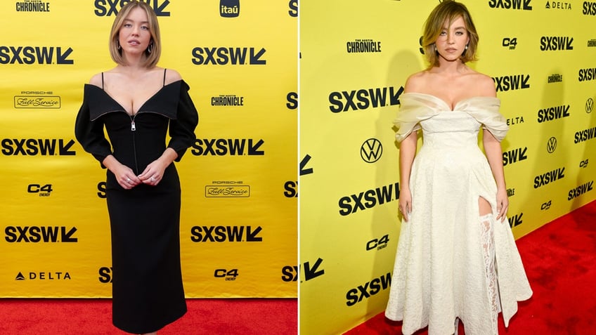 Sydney Sweeney wearing black and white on the red carpet