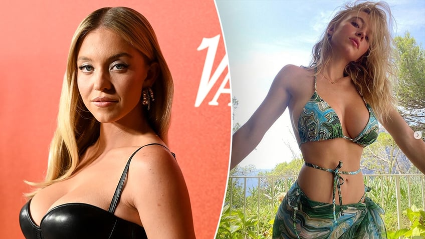 Sydney Sweeney in a black plunging dress on the carpet split Sydney Sweeney in a green patterned bikini