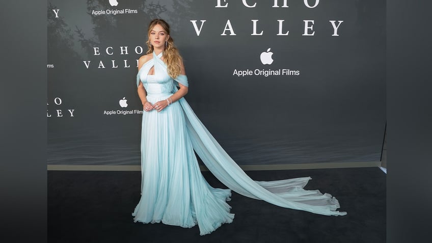 Sydney Sweeney in a blue dress at the premiere of Echo Valley