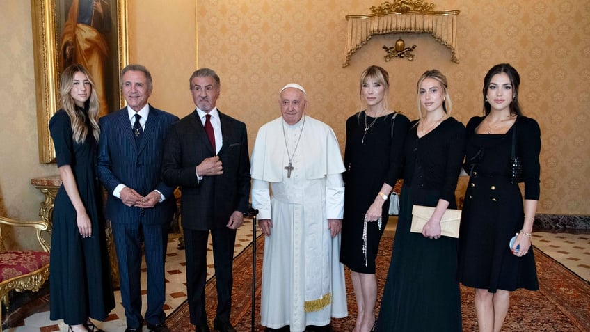 sylvester stallone and pope francis jokingly face off in vatican city