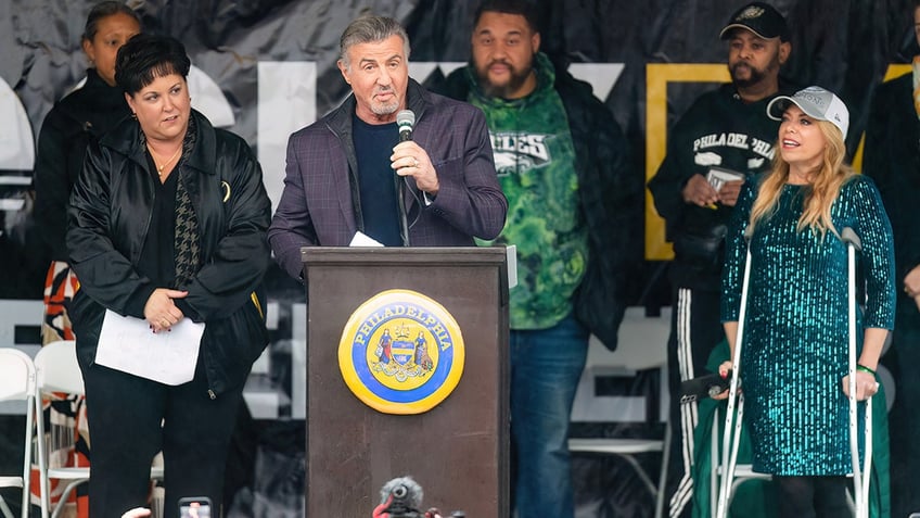 Sylvester Stallone speaks to the crowd on "Rocky Day" in Philadelphia.