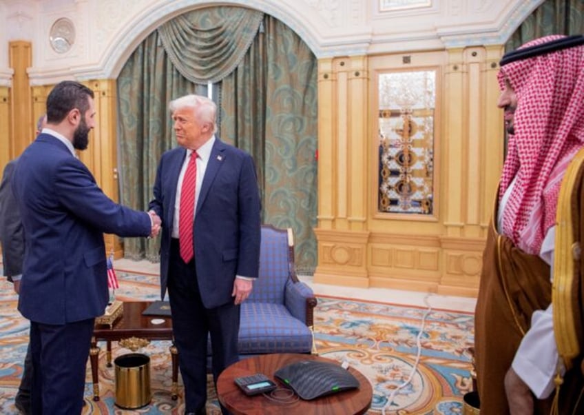 US President Donald Trump shakes hands with Syria's jihadist turned interim President Ahme